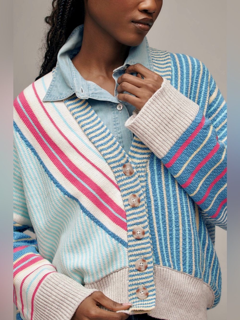 Anthropologie Maeve Oversized Button Up Striped V Neck Sweater Cardigan, Size M
